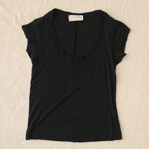 A.L.C. Wool Blend Black Short Sleeve Tee Top Small Pocket Raw Hem Lightweight - Picture 1 of 8
